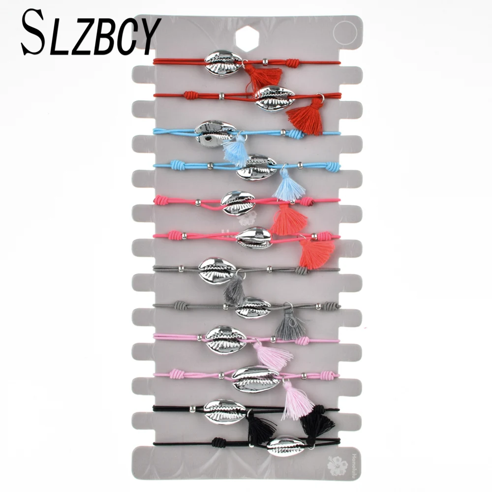

12 pcs/lot Silver Gold Color Shell Tassel Charm Bracelets Braided Rope Elastic Yoga Bracelet For Women Child Wristband Jewelry