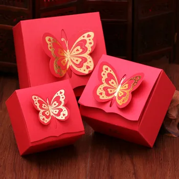 

50pcs Free shipping Butterfly candy box red Wedding gift box square carton for candy paper bags for gifts carton box