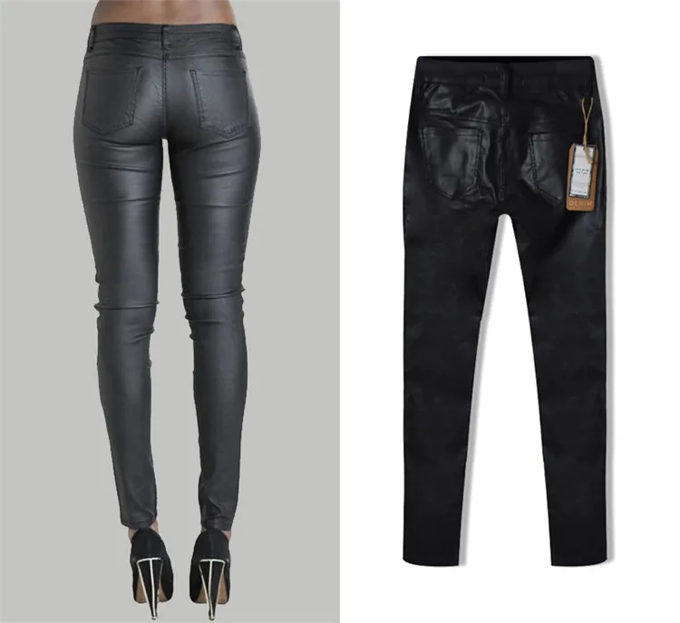 HCYO женские джинсы с покрытием, брюки с низкой талией, обтягивающие брюки из искусственной кожи, мотоциклетные брюки на молнии, джинсовые женские узкие брюки с покрытием