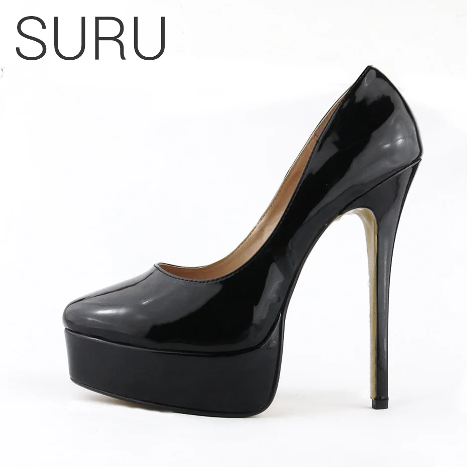 

SURU Platform Shoes Women High Heels Wedding Shoes With 14cm Height Stilettos Pumps Patent Black White Silver Plus Size 35-48