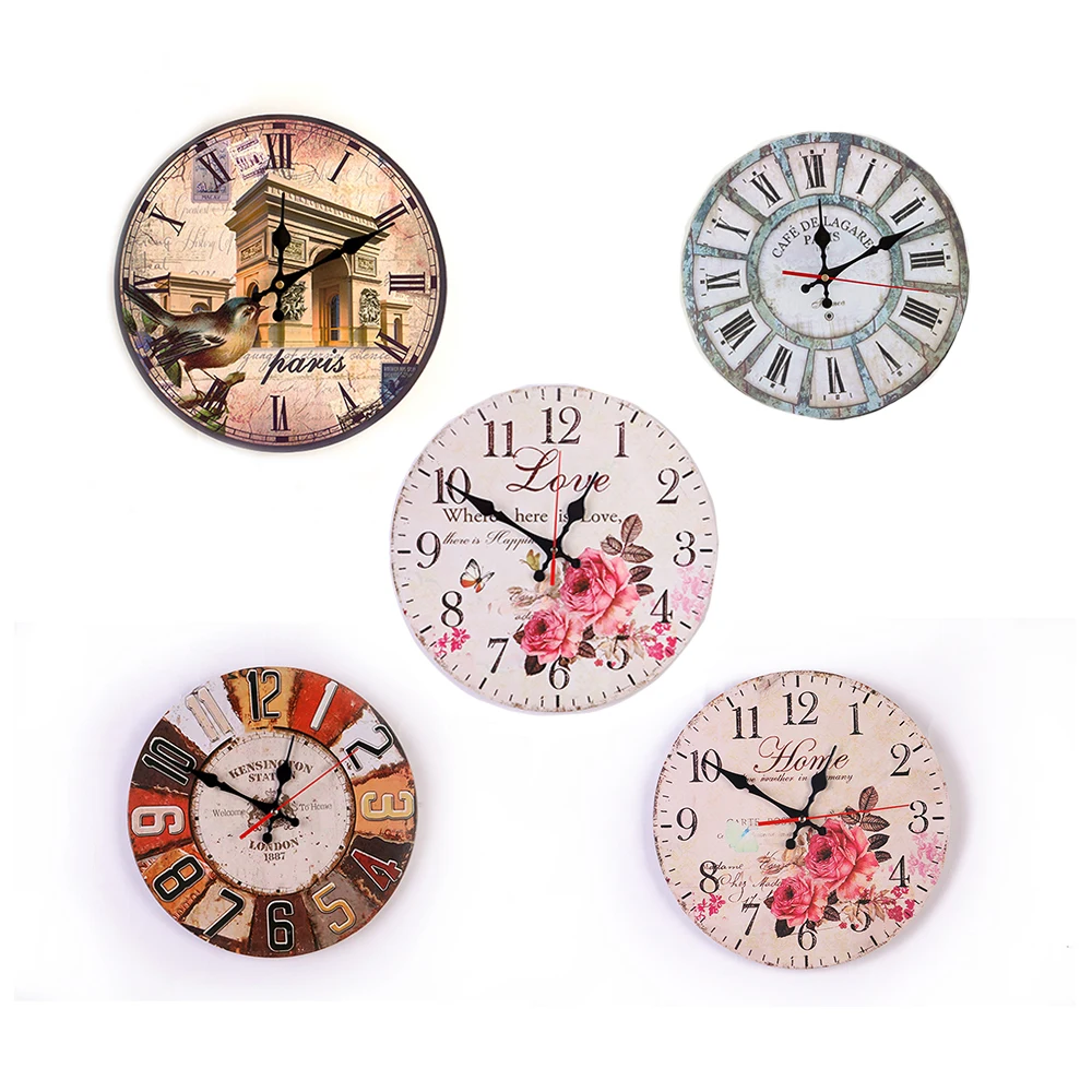 Wooden Home Wall Clock European Style Round Colorful Retro Vintage Rustic#21 