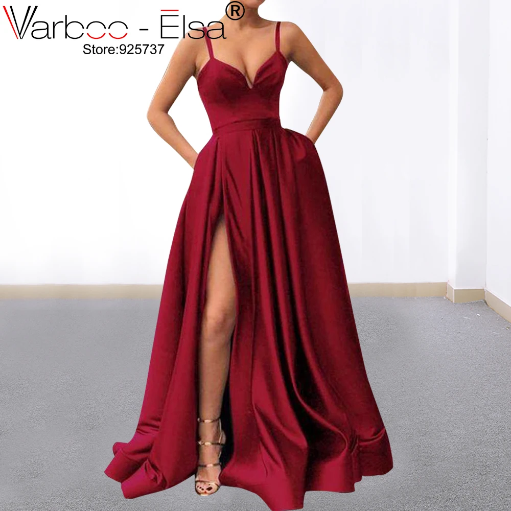 

VARBOO_ELSA Burgundry Sexy Long Prom Dresses 2019 with Deep V Neck Simple Formal Dress Occasion Party Dresses Evening Dresses