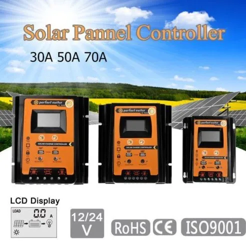 Controlador de Carga Solar com Regulador de Lcd Lcd do Painel de Células 30a e 50a e 70a 12 v 24 v Auto Pwm do Painel de Células Solares pv Casa