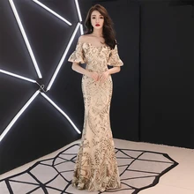 Золотое расшитое блестками длинное вечернее платье с сексуальным открытыми плечами и v-образным вырезом для женщин, официальное платье LF323