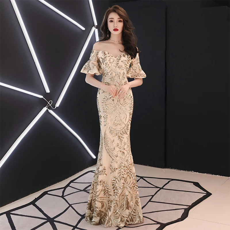 

2019 Gold Mermaid Sequined Long Evening Dresses With Sexy Off The Shoulder V Neck Women Formal Dress LF323