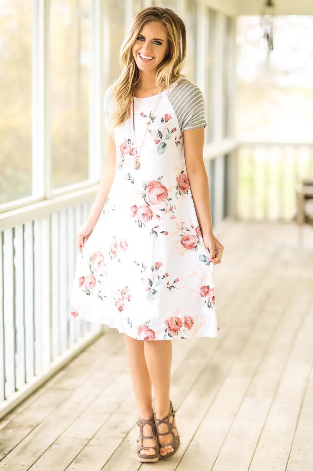 

Woman Dresses Floral Print Short Sleeve A-line Loose Dress summer dress 2019
