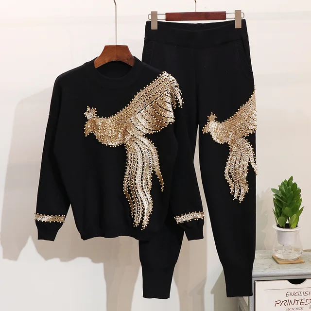 2019 Autumn Winter Knitted Women Tracksuit 2 pieces Set Pearls Phoenix Sweater Knit Pants Black Set Casual Women Two Piece Set
