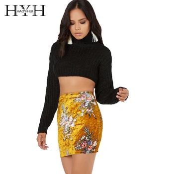 

HYH HAOYIHUI Brand 2018 Women Gold Floral Printed Velvet Sexy Mini Skirts Zipper High Waist Female Buttoms Party Skirts Lady
