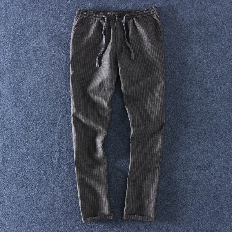 Dark Grey Schinteon чистые льняные полосатые брюки мужские повседневные эластичные пояс на шнурке плюс размер летние тонкие брюки Новинка - Цвет: Dark Grey