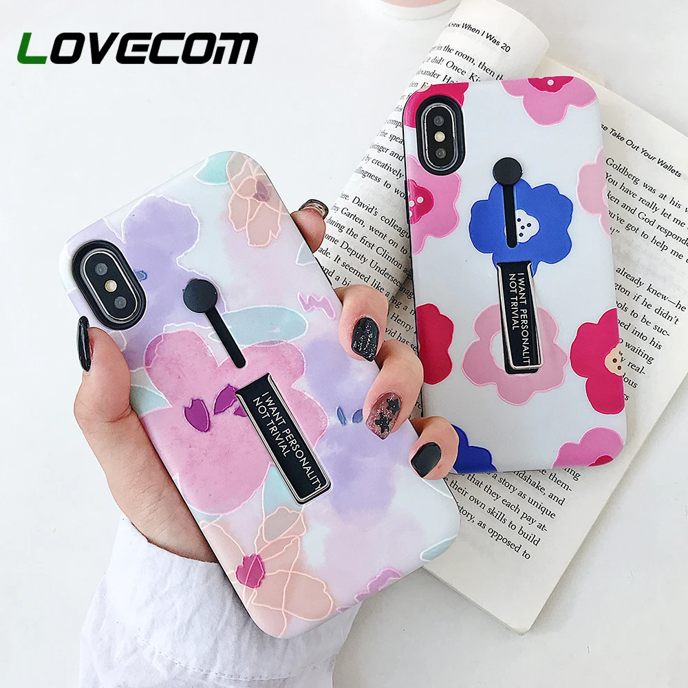 

LOVECOM Cute Emboss Watercolor Floral Case Invisible Holder Shell For iPhone X XR XS Max 7 8 Plus Soft Full Body Protector Cover