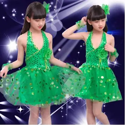 Girls Latin Dance Costumes Children Kids Sequins Fringe Stage Performance Dress Veil Competition Girls Ballroom Dance Costumes - Цвет: Зеленый