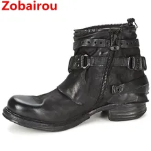 Zobairou/байкерские ботинки в западном стиле; zapatos mujer; ковбойские ботинки из натуральной кожи с круглым носком; женские непромокаемые ботинки