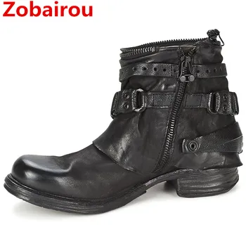 

Zobairou Western Design Zapatos Mujer Biker Boots Genuine Leather Round Toe Cowboy Boots Shoes Women Rain Boots