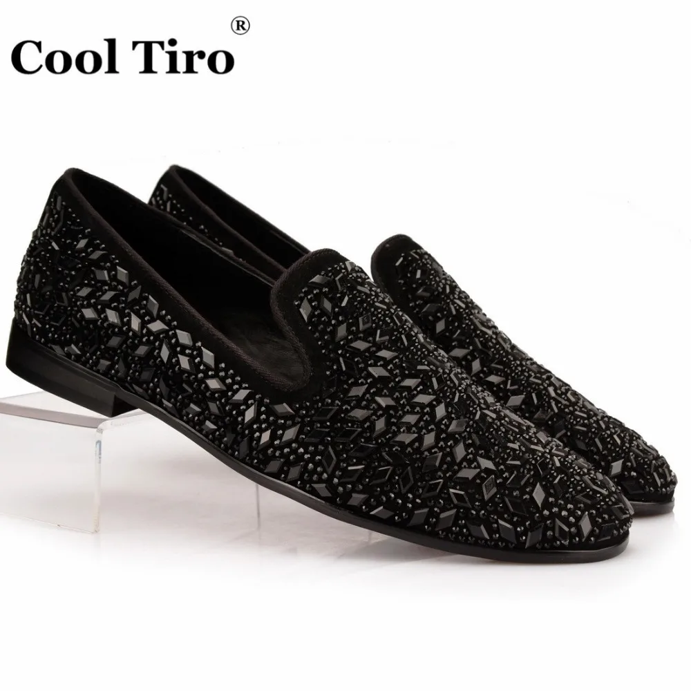 

COOL TIRO Black Suede Slippers Men Loafers Rhombus Rhinestones Dress Shoes Men's Flats Genuine Leather Loafers banquet shoes