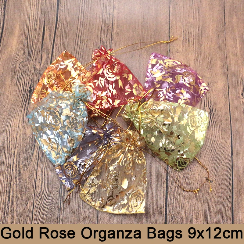 

Wholesale 9x12cm Organza Bag 200pcs lot 12 Color Jewelry Packaging Earrings Wedding Gift Packaging Gold Rose Jewelry Pouches