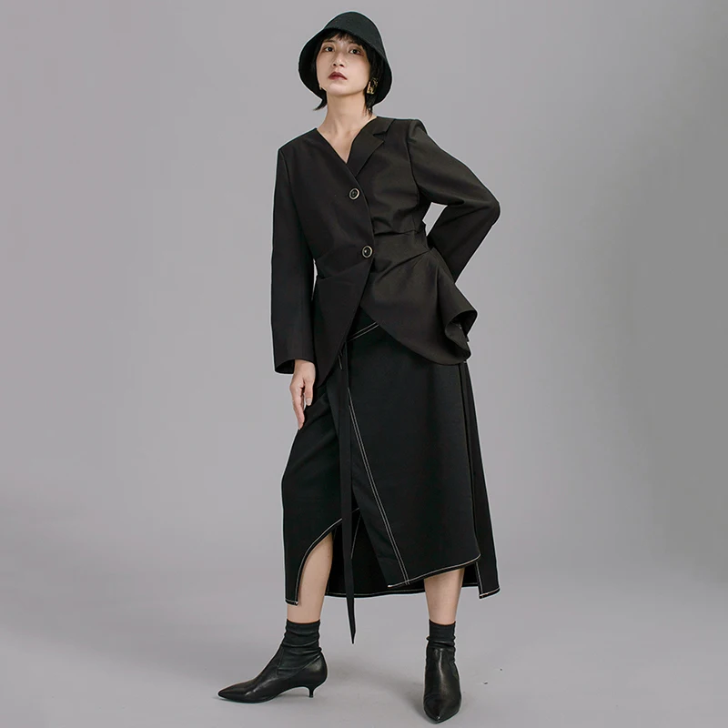 eam Jk030 Longues 2019 Irrégulière Revers Manches Manteau De Nouveau Veste Noir Black Point Hem Mode Plier Printemps Lâche Marée Femmes UxUr8Xq