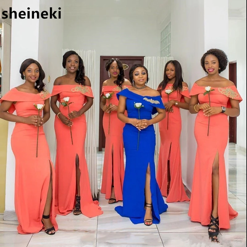 African 2019 Coral Royal Blue Off Shoulder Mermaid Bridesmaids Dresses Long Cap Sleeve Lace Split Side Wedding Guest Dresses Bridesmaid Dresses Aliexpress
