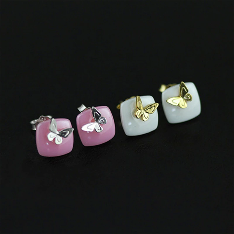 Lotus Fun Real 925 Sterling Silver Natural Ceramics Creative Handmade Fine Jewelry Lovely Butterfly Stud Earrings for Women