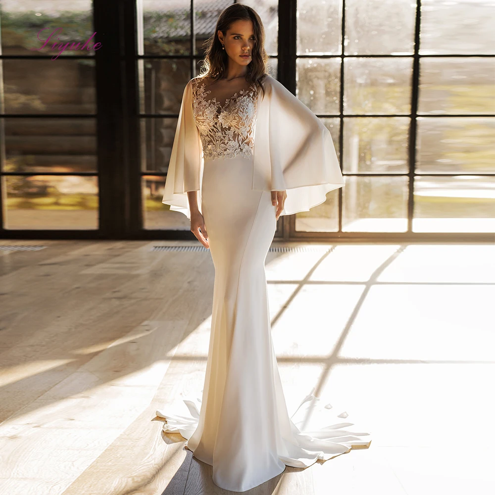 

Liyuke 2019 Married Sheath Wedding Dress V-neck Lace Appliques Cut-out Illusion Flare Sleeveless Customized