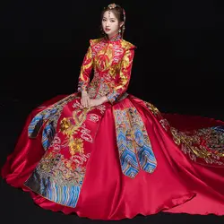 Китайские традиционные свадебное платье Cheongsam долго Qipao красный Для женщин Феникс Вышивка халат Orientale Стиль платья