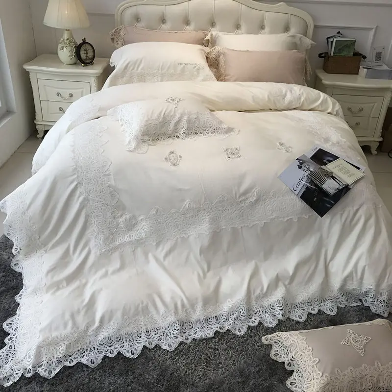 

80S Egyptian cotton Luxury Royal Bedding Set 4/6Pcs King Queen size lace Duvet Cover Bed Sheet set Pillowcases