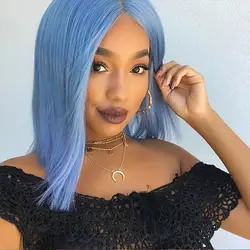 Женский короткий прямой Небесно-Голубой парик из синтетического кружева передний парик для афро-американских средней части волос