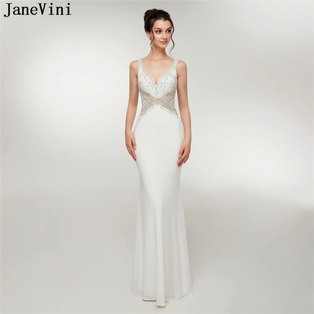 JaneVini роскошное бисер Кристалл Белый сатин пикантные платья подружек невесты с глубоким v-образным вырезом в стиле Русалочки без спины