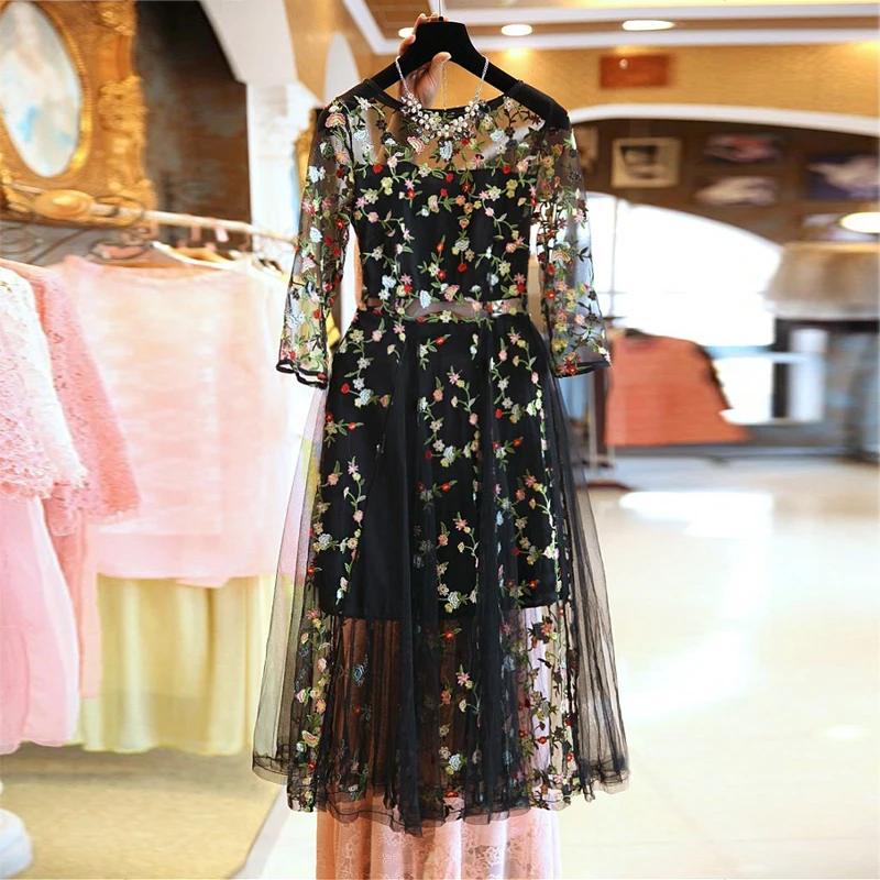 Robe Direct Selling Mesh Lace Cute Long Dress Plus Size 2017 Summer Big Size Woman Dress New Net Yarn Embroidery Hollow Female