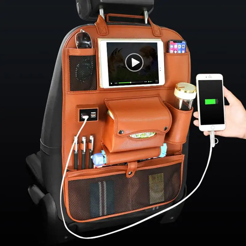 

Car Seat Back Bag Organizer Car 4 USB Charger Storage PU Leather Travel Multi-function Pocket Stowing Tidying Auto Accessories