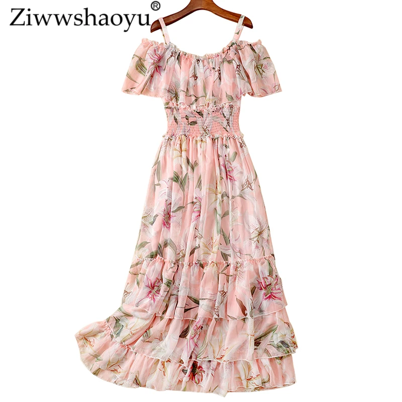 

Ziwwshaoyu Vacation lily Print Chiffon dresses Slash neck Ruffles elegant Big pendulum dress New women's