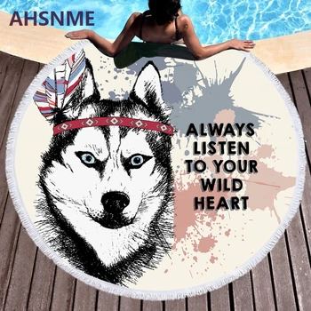 

AHSNME Cute Husky Summer Round Beach Towel Large for Adults Microfiber Toalla Minimalist Printed Blanket