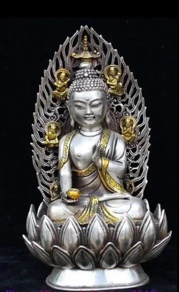 

10" Chinese Silver Gilt Shakyamuni Sakyamuni Buddha Seaten Hold Bowl Statue