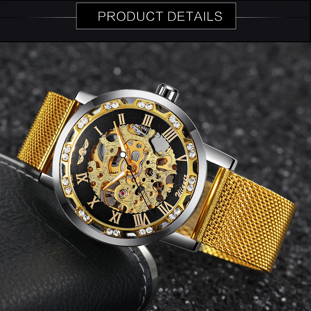 Skeleton Mechanical Men Dial Crystal Business Fashion Wrist Watch