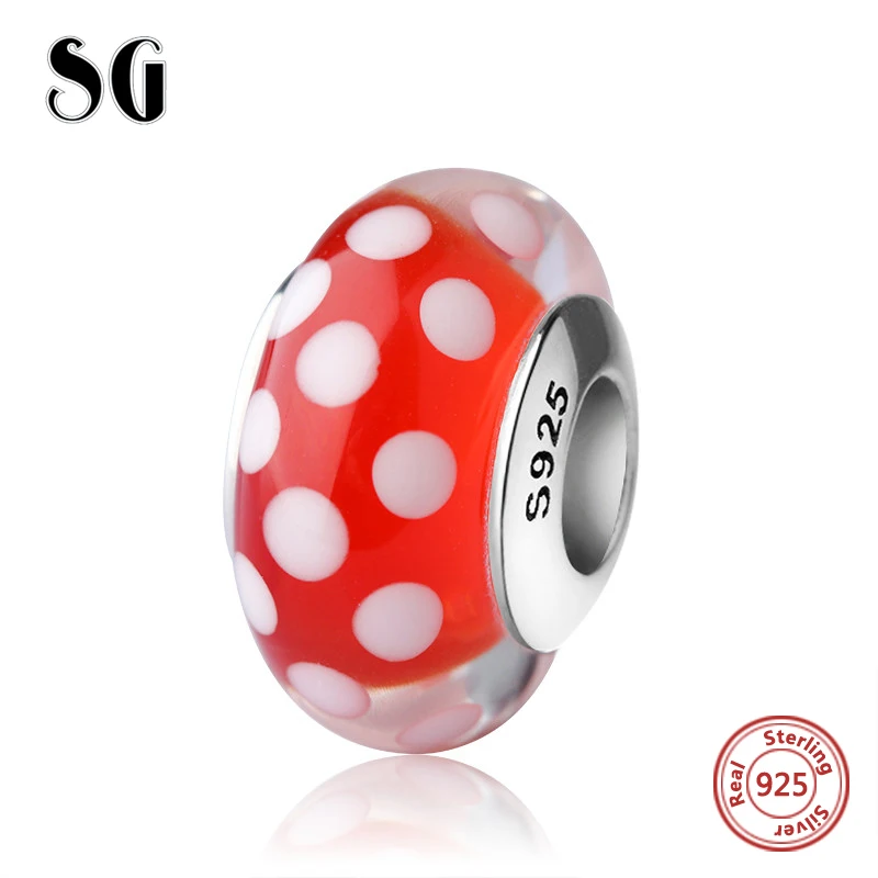 

SG lovely red Murano glass beads with white spot silver 925 charms fit authentic European bracelet jewelry accessories making