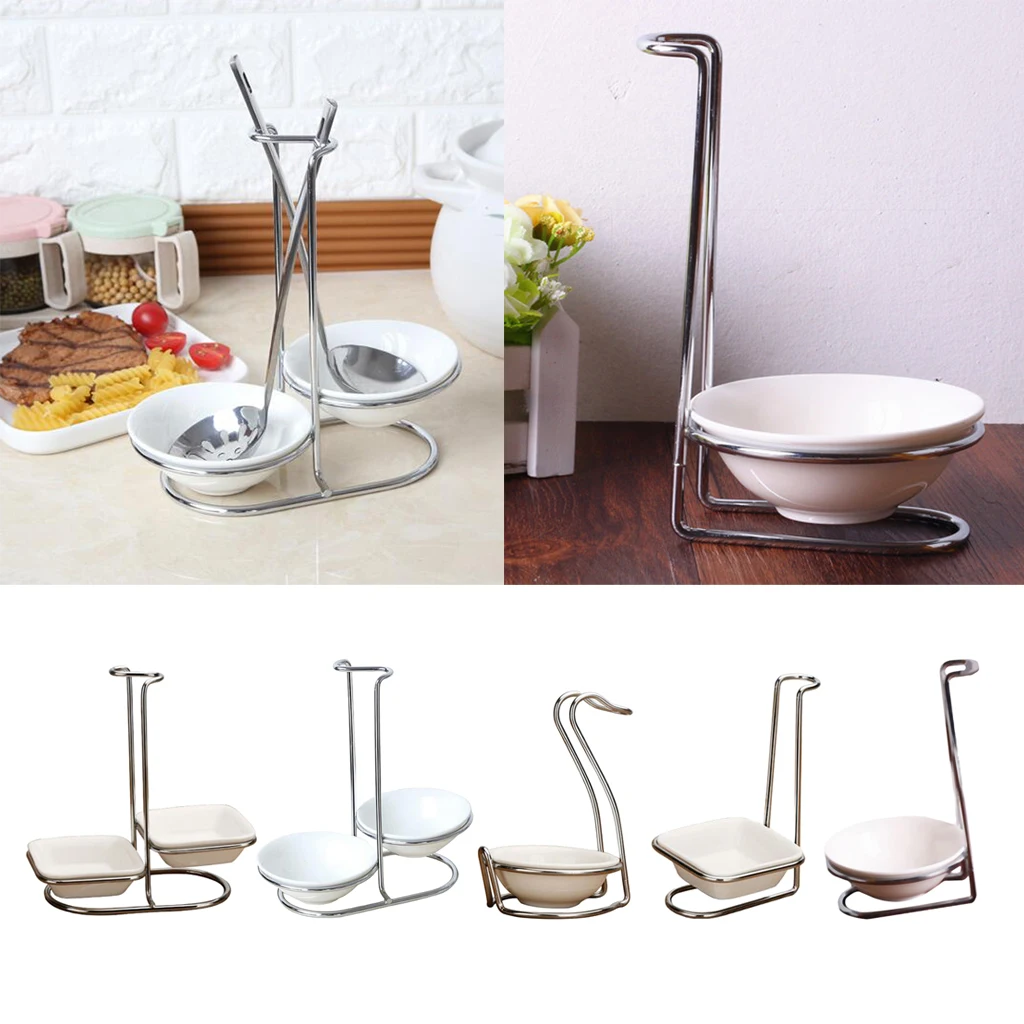 Modern White Ceramic Kitchen Ladle Spoon Rest Holder with Polished Stainless Steel Rack Spoon Rests Clips Holder Kitchen Tools