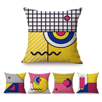 

Colorful Abstract Geometric Arch Line Memphis Design pattern Home Decorative Pillow Case Cotton Linen Yellow Blue Cushion Covers