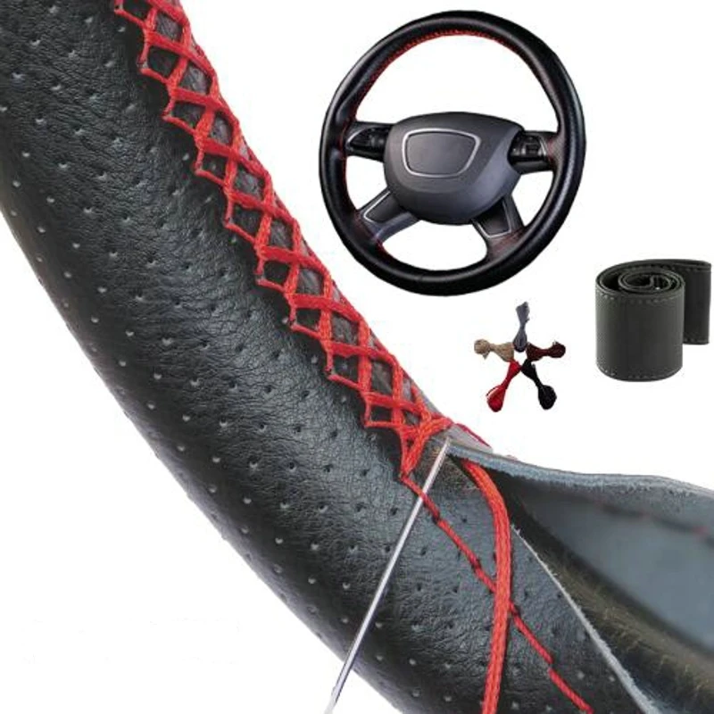 38cm Black Genuine Leather Red Thread DIY Car Steering Wheel Cover With Needles