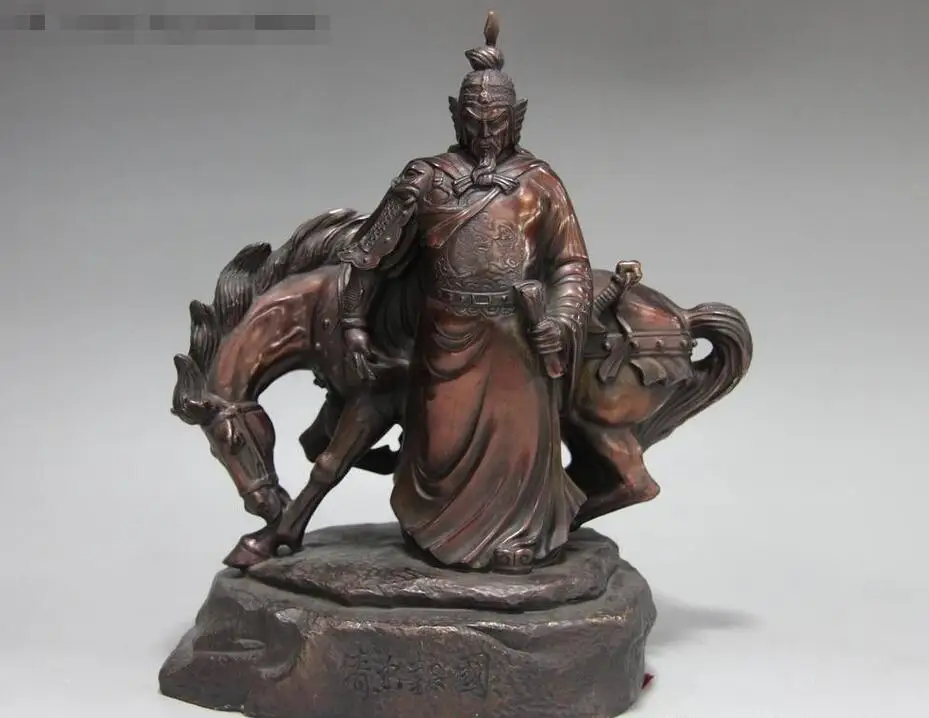 Китайская красная медь бронза Patriot Yue Fei рыцарь YueFei воин лошадь статуи | Дом и сад