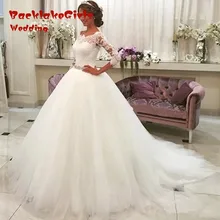 New Three Quarter Vestido De Noiva Scoop Neck Lace Ball Gown Wedding Dresses 2017 Custom made Bridal gown Tulle Wedding Dress