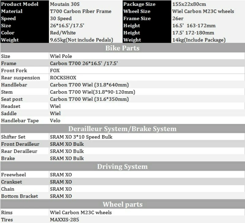Excellent WIEL POLE 30 Speed Carbon Fiber MTB Mountain Bike 26" Ultralight Full Shockingproof  Bicycle Cycle SRAM XO sytems FOX FORK 9.6kg 3