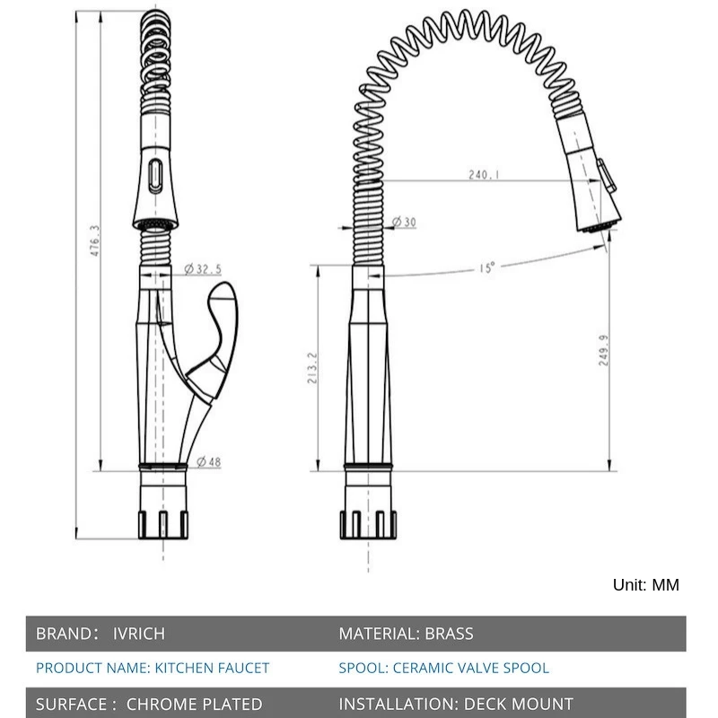 IVRICH Brass Dual Mode Effluent Kitchen Faucet Spring Tube Appearance Pull-Down Resilience Sink Mixer VR2311C IVRICH Brass Dual Mode Effluent Kitchen Faucet Spring Tube Appearance Pull-Down Resilience Sink Mixer VR2311C
