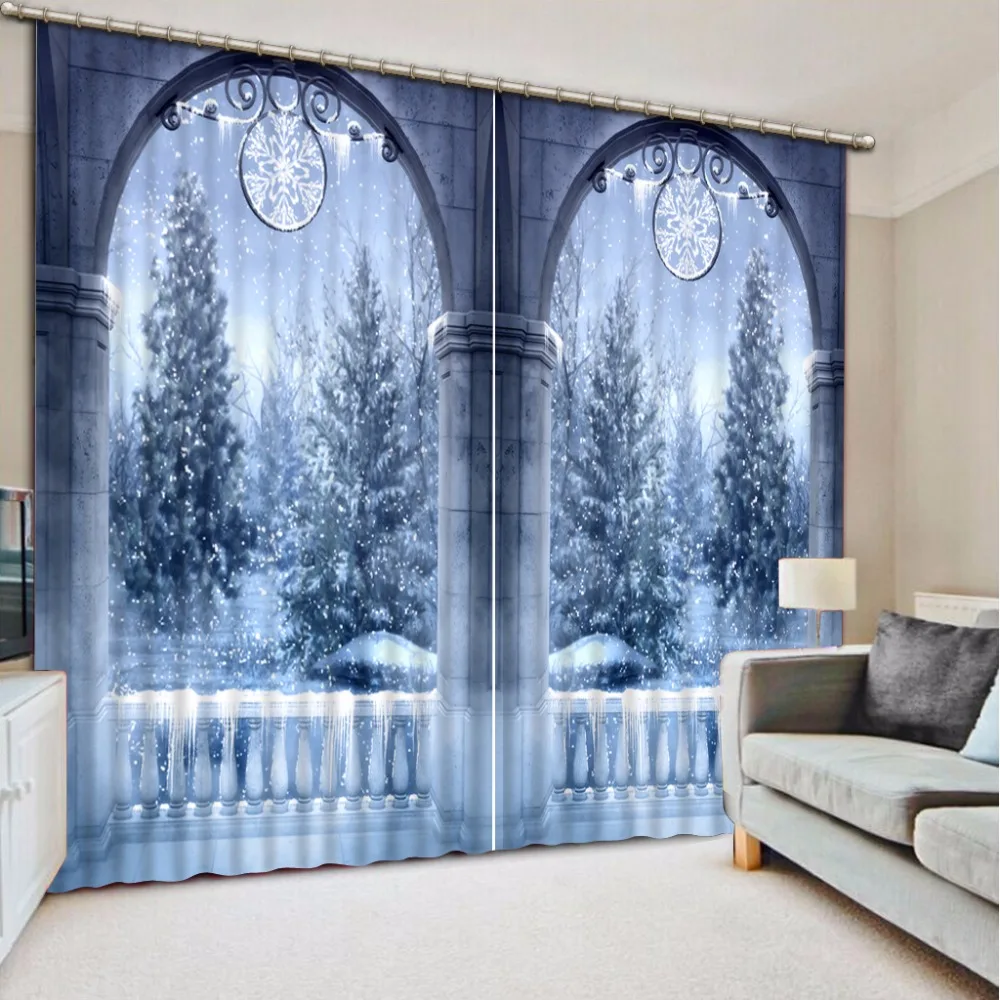 

Printing Luxury Sheer Curtains 3D Roman Window Curtains For Living Room Bedroom Beautiful Snow Scenery Drapes Cortinas