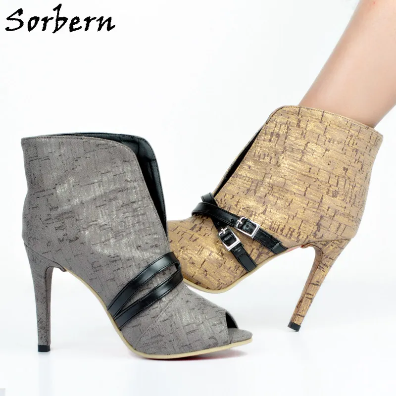 Sorbern Bling Bling Women Shoes Glitter Front Open Buckle High Heels Ankle Boots Spring Style Ladies Short Boots Open Toe 34-47 Sorbern Bling Bling Women Shoes Glitter Front Open Buckle High Heels Ankle Boots Spring Style Ladies Short Boots Open Toe 34-47