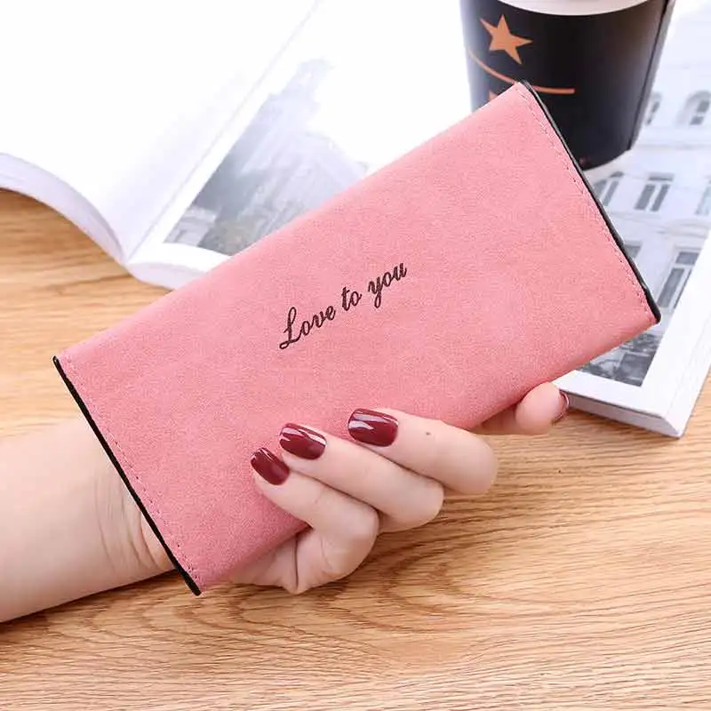 

New Women Wallets Long Slim Retro Wallet PU Sanding Leather Card Bag Original Solid Color Purse Letter Decoration