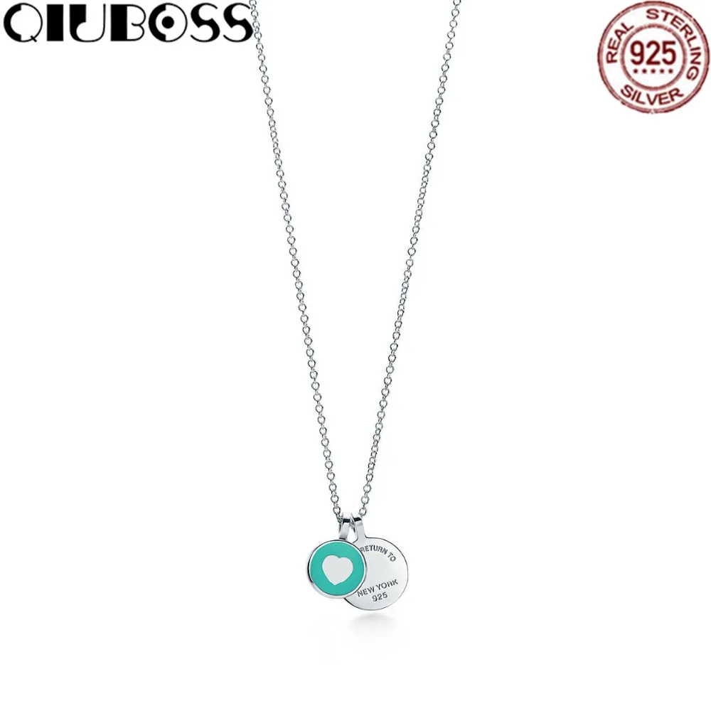 

QIUBOSS 925 Sterling Silver Heart-shaped double round blue enamel pendant Necklace Charm Women Clavicle DIY Gift Jewelry
