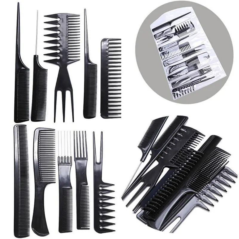 10pcs/set Pro Salon Hair Cut Styling Hairdressing Barbers Combs Brushes with Storage Bag High Quanlity - Black