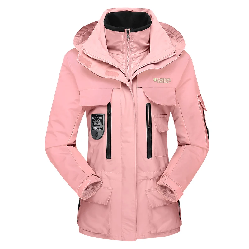 Men Women's Winter 2 Pcs Inside Cotton-Paded Jackets Outdoor Sport Waterproof Thermal Hiking Ski Mountain Climbing Jackets Coats - Color: Pink