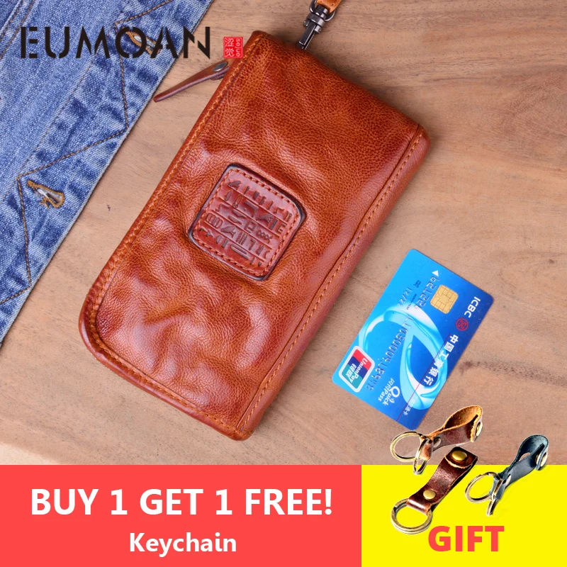 

EUMOAN Real Cow leather Men Wallets Genuine Leather Long Purse For Men Zipper Large Capacity Card Holder Men Purse Wrinkle bag