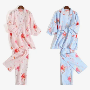 

Floral Print V-Neck Women's Pajamas Set Casual Loose Short Sleeve Bathrobe Long Pants Home Clothes Spring Women Dressing Gown