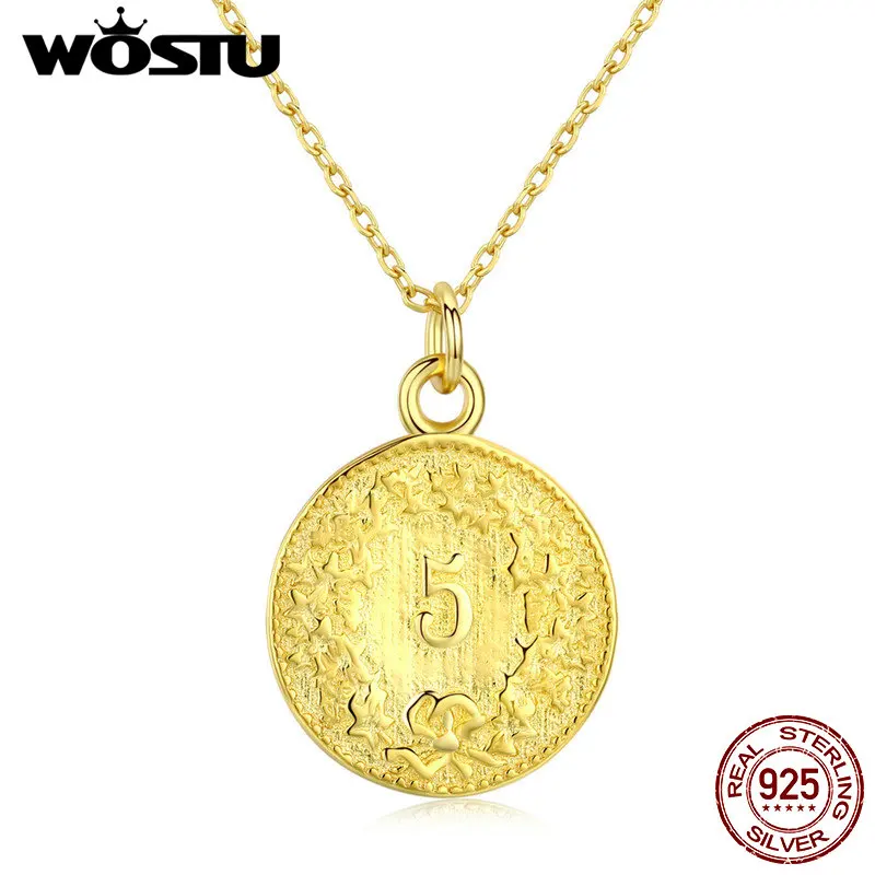 WOSTU 925 пробы Серебряное ожерелье круглая монета с портретом культура Золото Цвет Длинная цепочка ожерелье для женщин ювелирные изделия CQN339